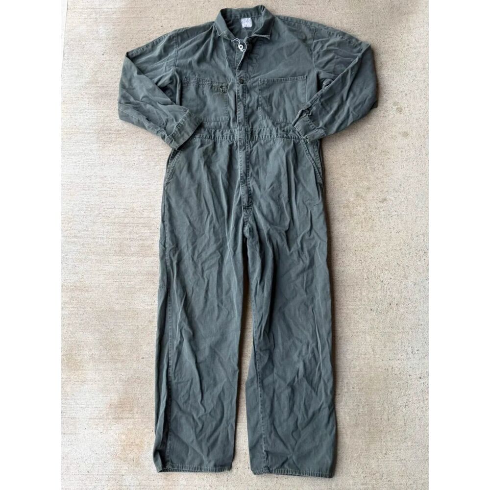 Vtg 70s Lee Union Alls Olive Green Cotton Canvas Workwear Coveralls Sz 44 Reg